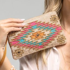 Handmade Hand Beaded Wristlet Clutch - Ethnic Inspired Motive - Dyed Fine Cotton